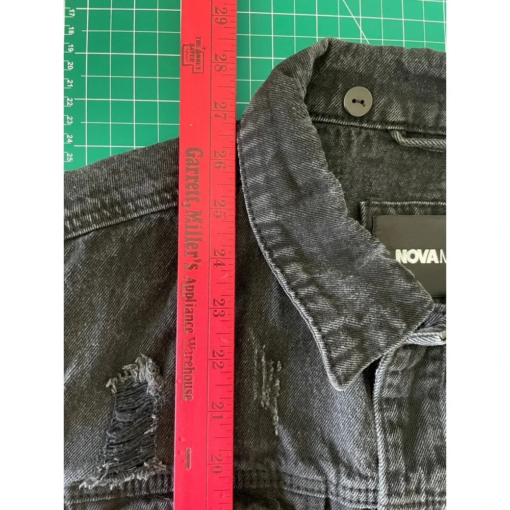 Fashion‎ Nova Men Black Distressed Denim Trucker Jacket Ribbed Trim DK140 Large